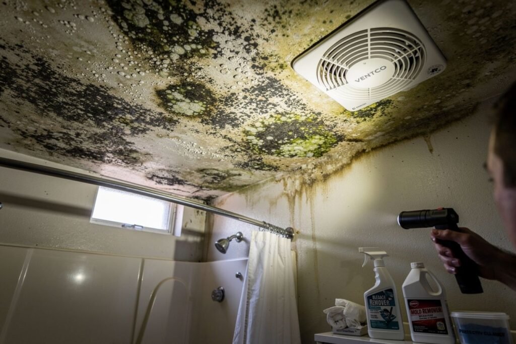 Moisissure au plafond de la salle de bain