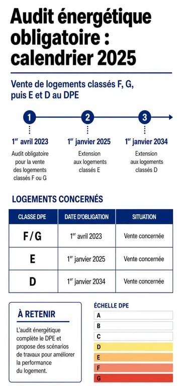Audit énergétique 2025 : frise du calendrier d’obligation et des classes DPE concernées