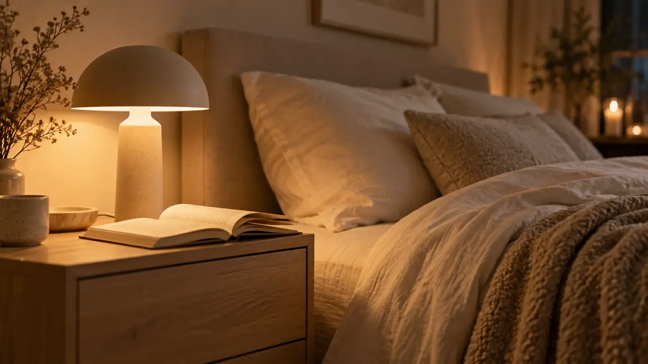 Lampe de chevet tactile allumée en lumière chaude pour la lecture du soir