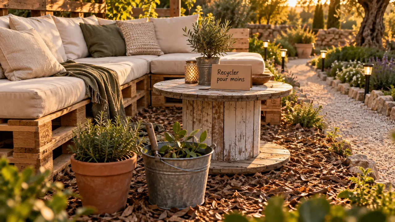Aménagement jardin pas cher : terrasse en palettes recyclées, banquette et coussins