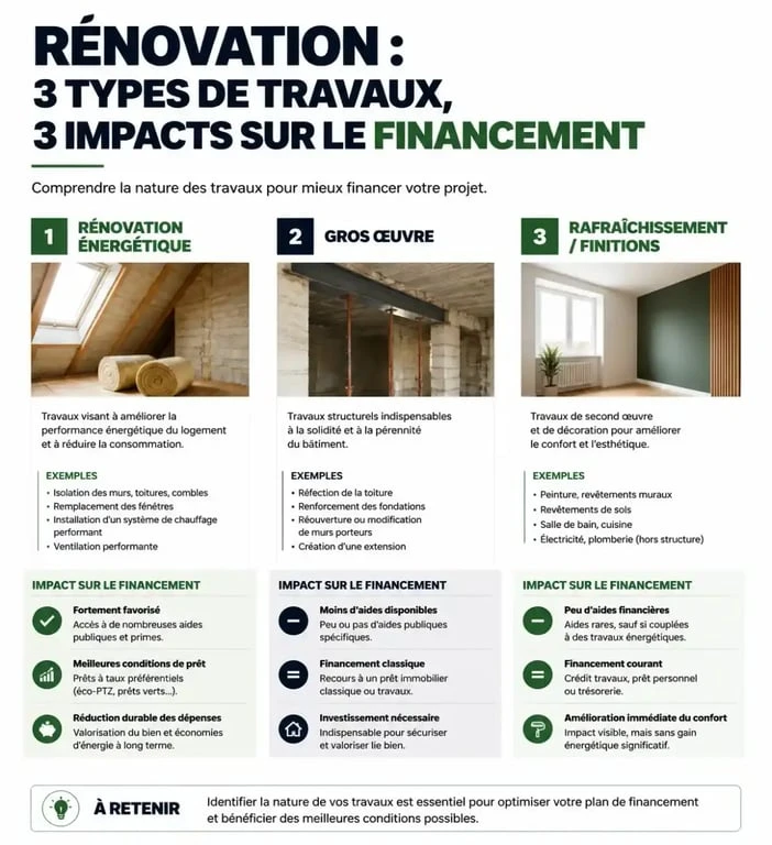 Tableau comparatif des types de travaux pour acheter une maison avec travaux et leur impact sur le financement