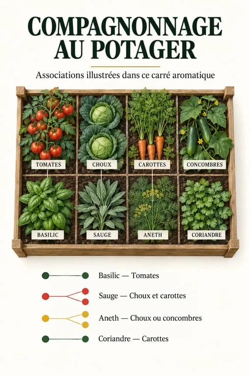 Schéma de compagnonnage pour organiser un potager aromatique avec les légumes