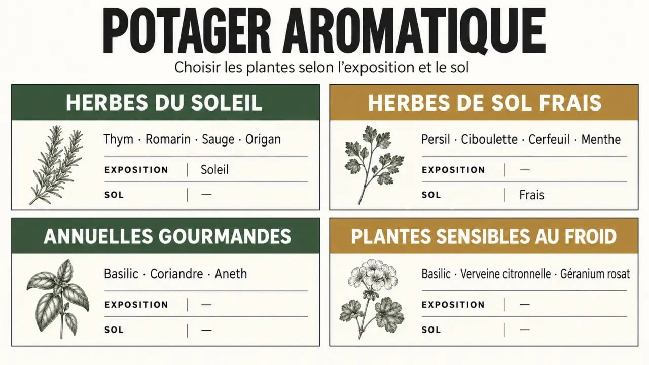 Infographie du potager aromatique selon l’exposition, le sol et les groupes de plantes