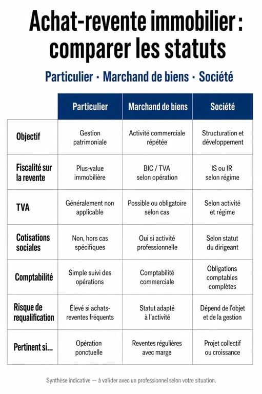 Comparatif des statuts juridiques pour l'achat revente immobilier en tant que particulier
