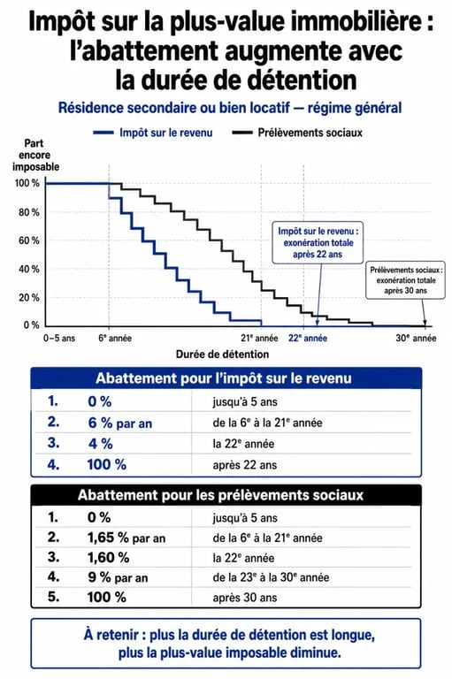 Calcul de la plus-value immobilière et abattements selon la durée de détention