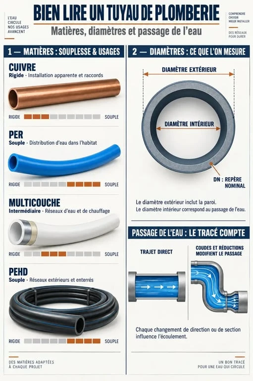Infographie sur le choix d’un tuyau de plomberie, les matériaux et les diamètres intérieur, extérieur et DN
