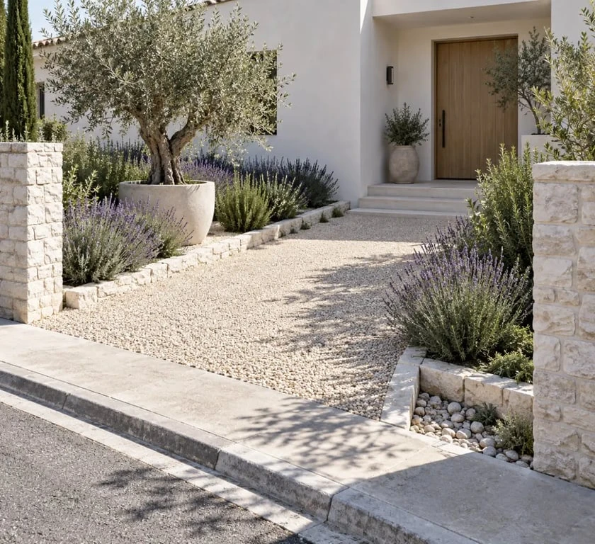 Aménagement paysager devant maison de style méditerranéen avec gravier et lavande