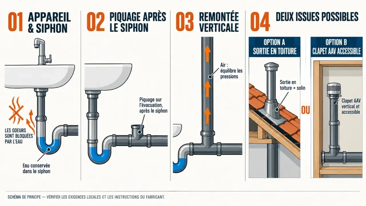 Illustration des étapes pour installer un évent de plomberie avec siphon, conduit vertical, toiture et clapet AAV