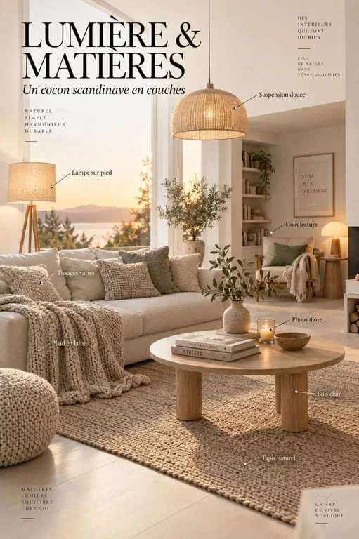 Éclairage et matières superposées dans une déco scandinave cocooning