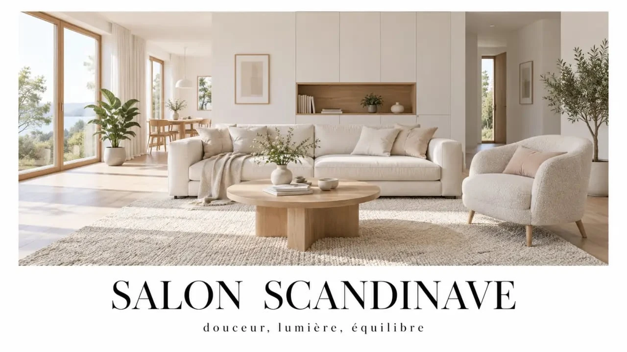 Salon en déco scandinave cocooning avec bois clair, textiles doux et mobilier épuré