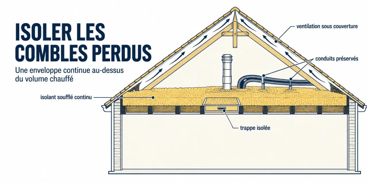 Schéma de l’isolation des combles perdus sous toiture par soufflage sur le plancher