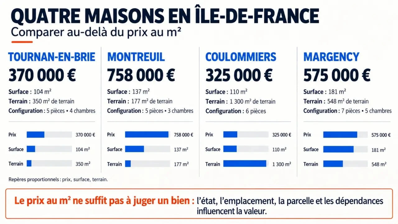 Comparaison de maisons pour un achat de maison en Île-de-France selon le prix, la surface et le terrain