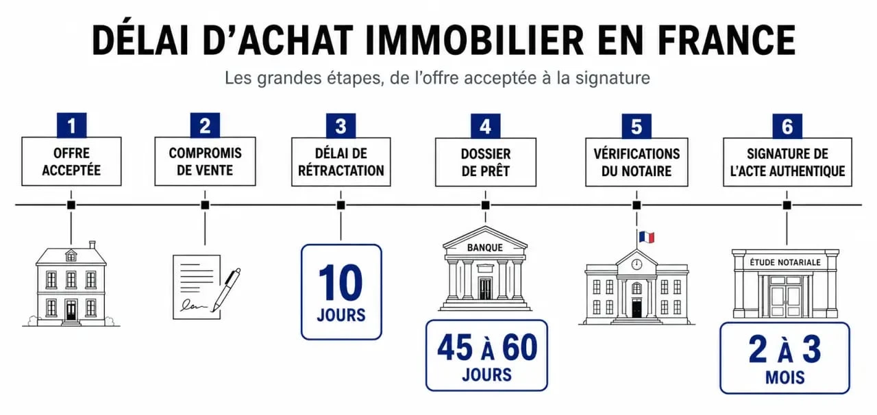 Délai achat immobilier : frise chronologique des étapes et délais de l’offre au compromis à l’acte authentique