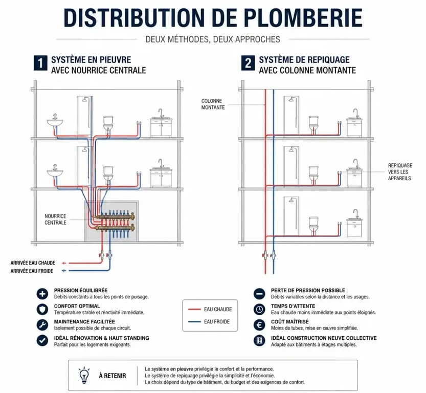 Schéma comparatif des méthodes d'installation de plomberie : pieuvre vs repiquage pour une installation de plomberie efficace