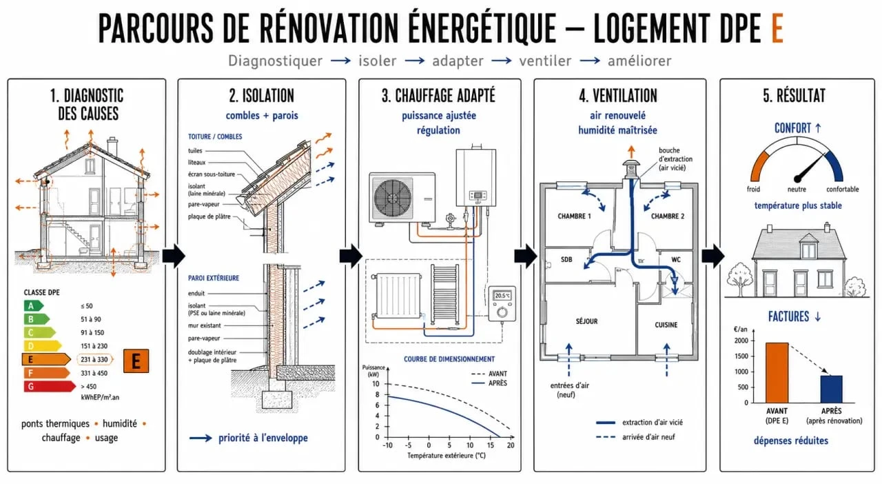 DPE E que faire : schéma des priorités de rénovation pour améliorer la classe énergétique
