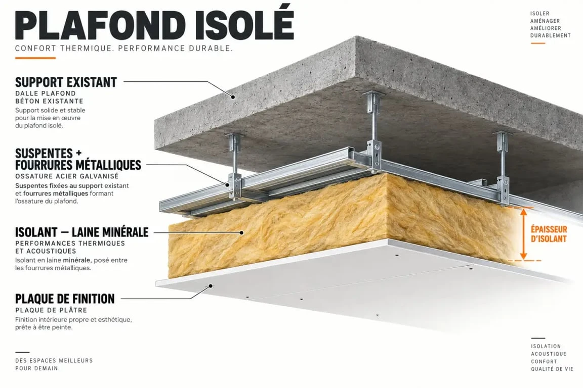 Schéma en coupe d'une isolation plafond avec ossature, isolant et finition