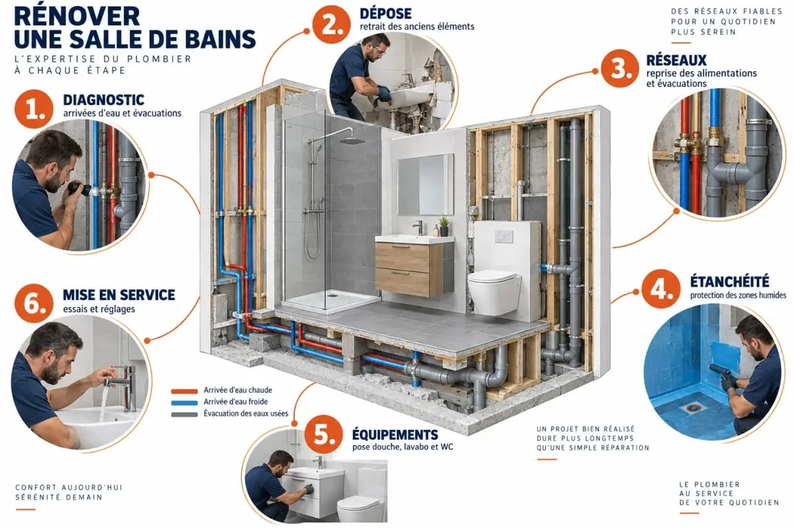 Plombier renovation salle de bain : étapes du diagnostic à la mise en service