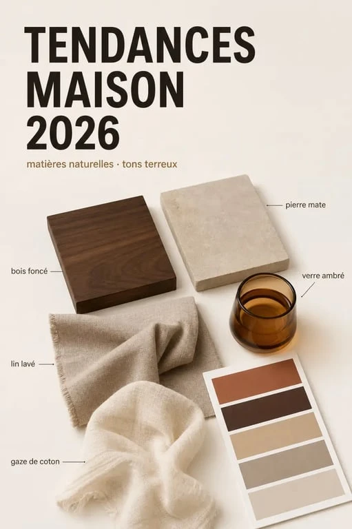 Tendance déco maison 2026 : matières bois foncé, pierre mate, verre ambré et textiles texturés