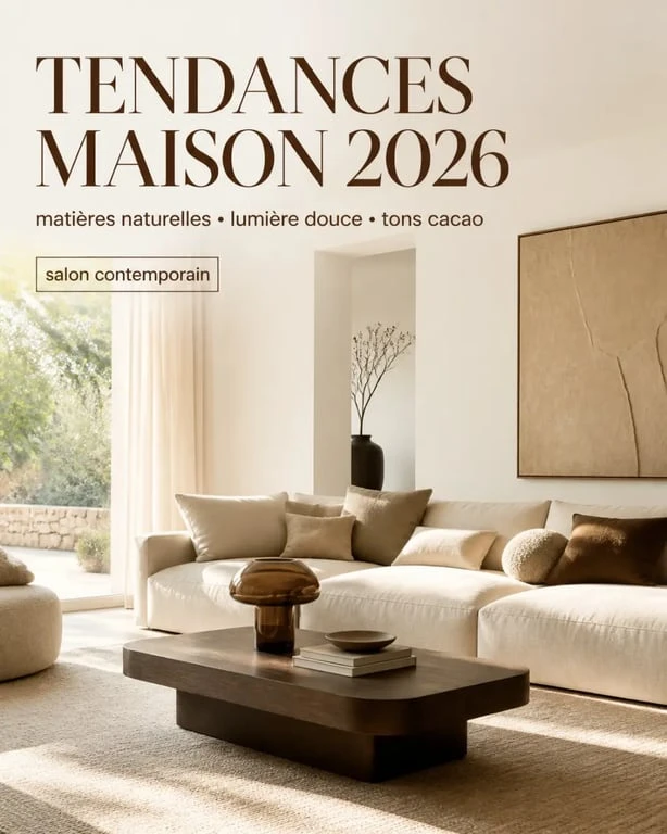 Tendance déco maison 2026 dans un salon chaleureux aux tons sable, argile et bois foncé