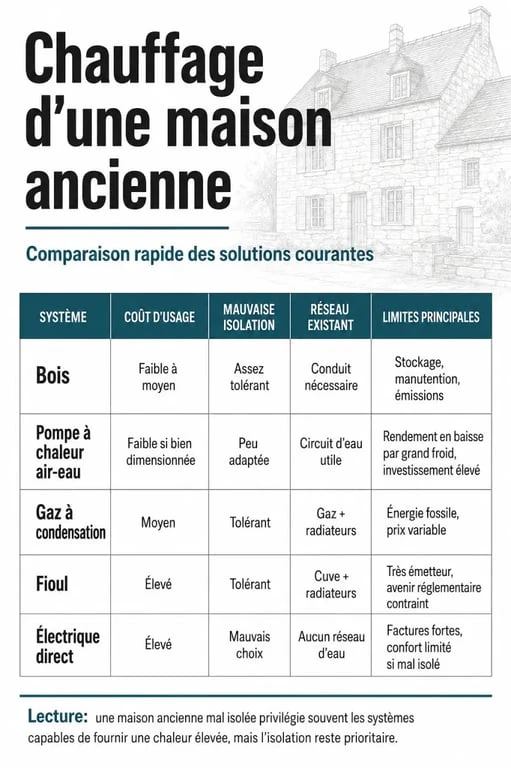 Chauffage le plus économique maison ancienne : comparaison visuelle des solutions bois, PAC, gaz et fioul