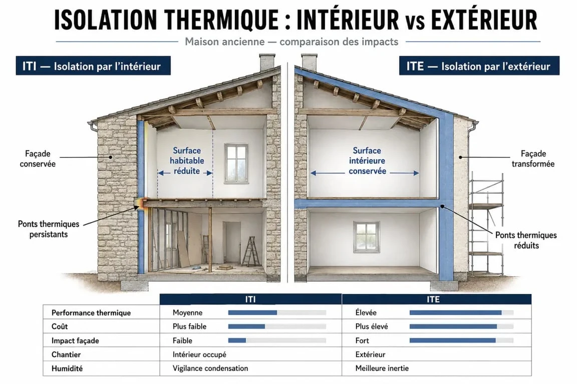 Isolation maison ancienne : comparaison visuelle entre ITI et ITE pour choisir entre isolation intérieure et extérieure