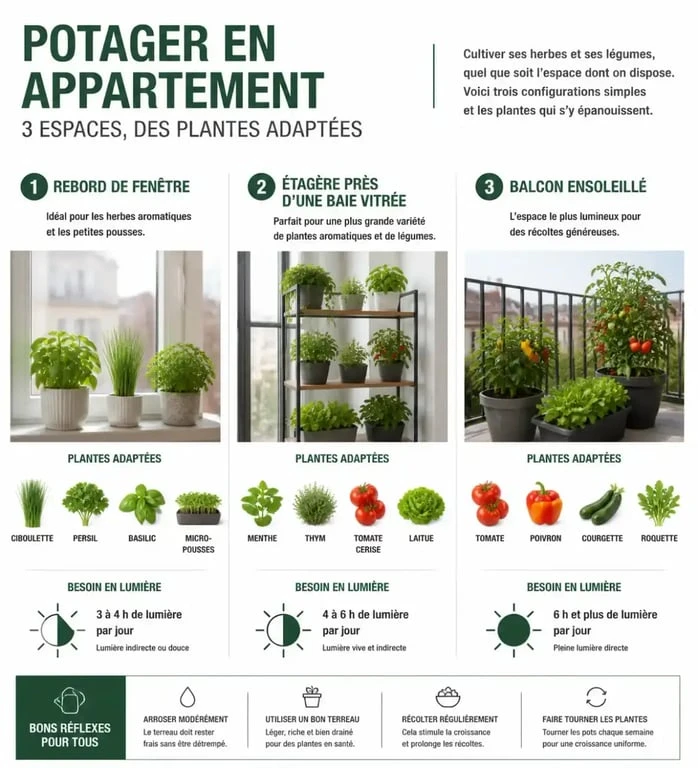 Infographie sur les plantes adaptées à un potager en appartement selon l'espace et la lumière