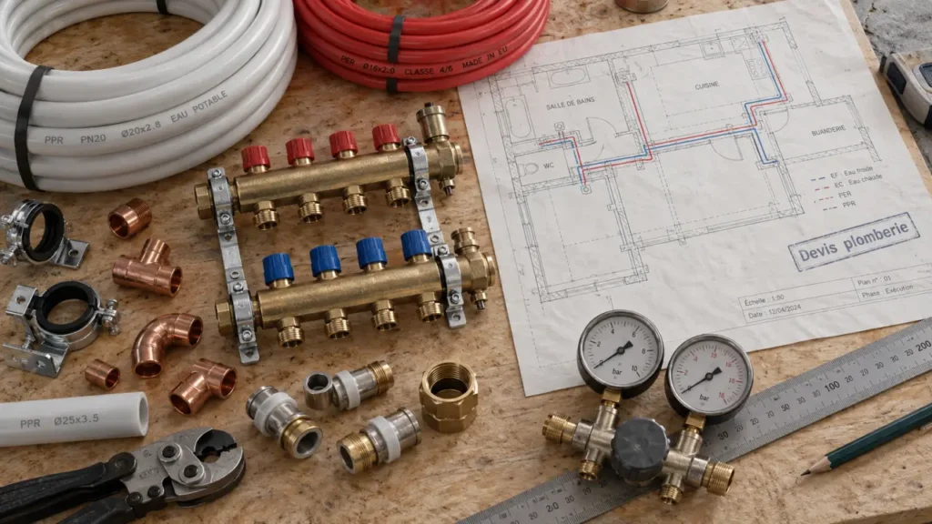 Installation plombier : chantier de plomberie avec tuyaux et plan
