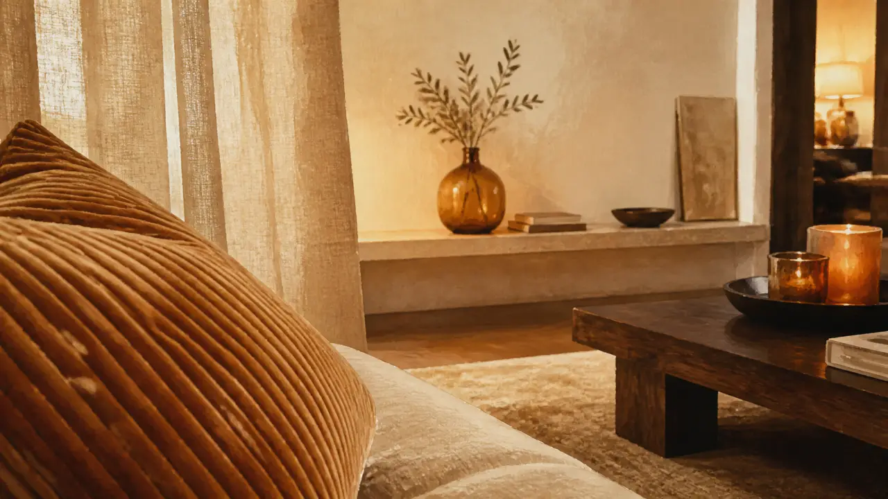 Tendance déco maison 2026 : salon bois foncé et couleurs terre, matières mates