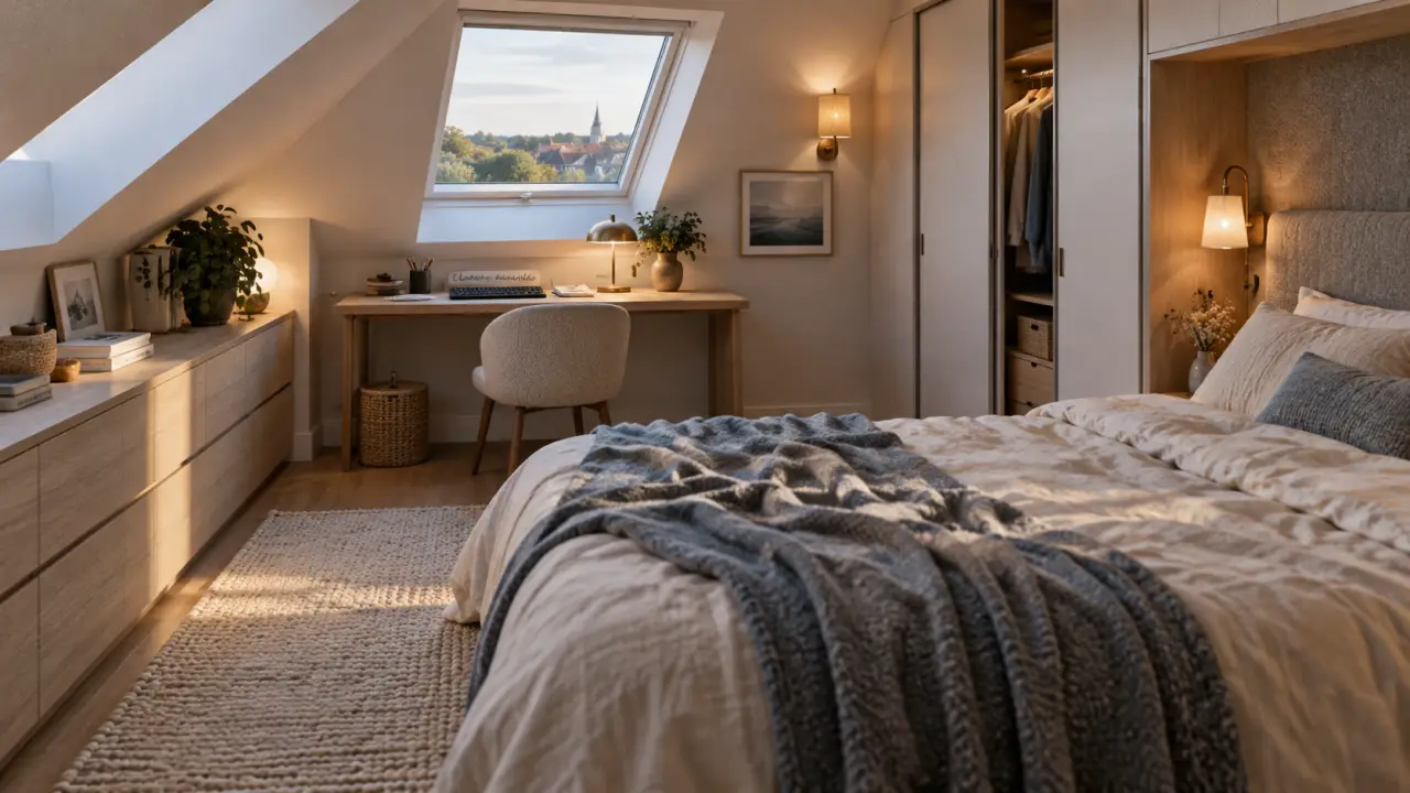 Chambres mansardées : chambre mansardée confortable sous pente, lit bas et dressing