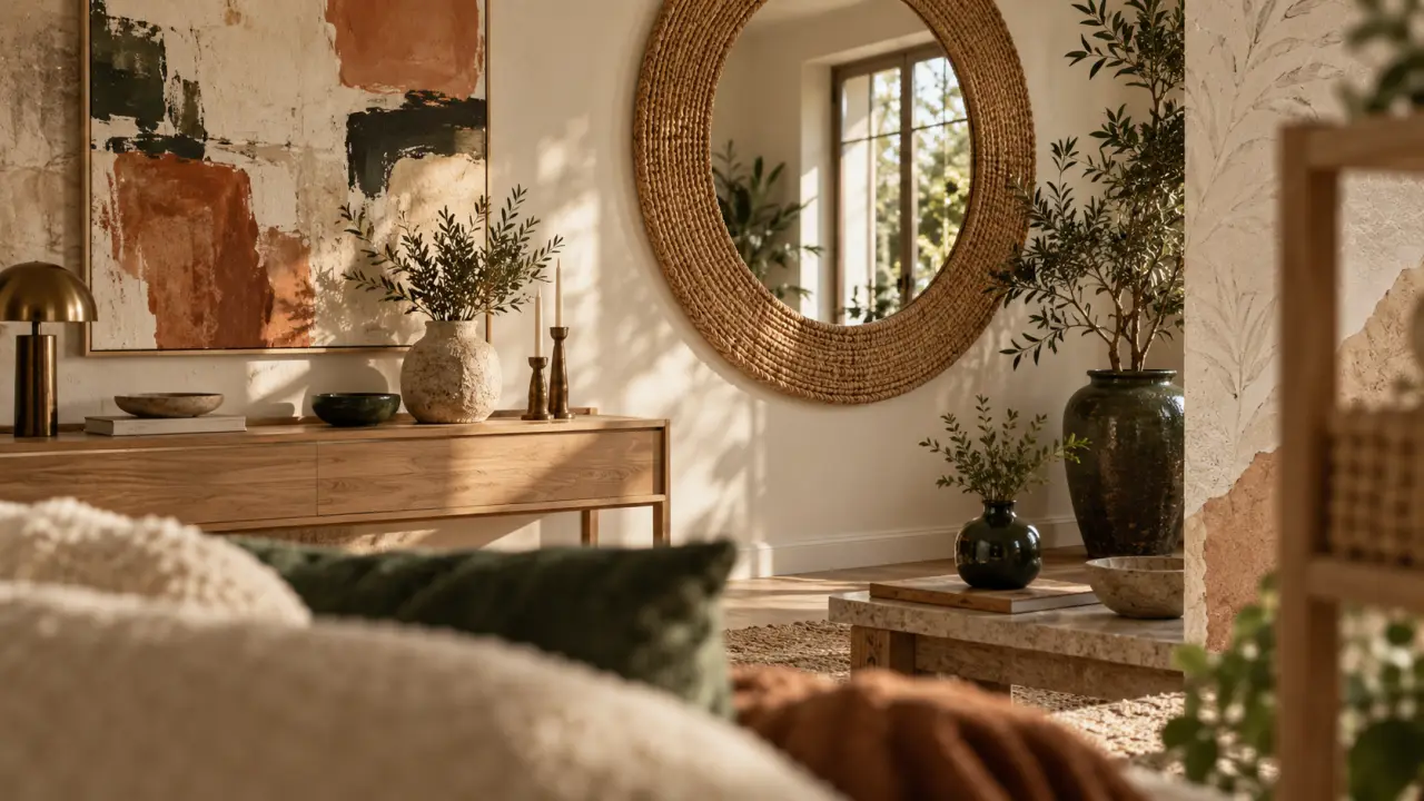 Decoration mural tendance : miroir rond rotin et tableau abstrait beige terracotta