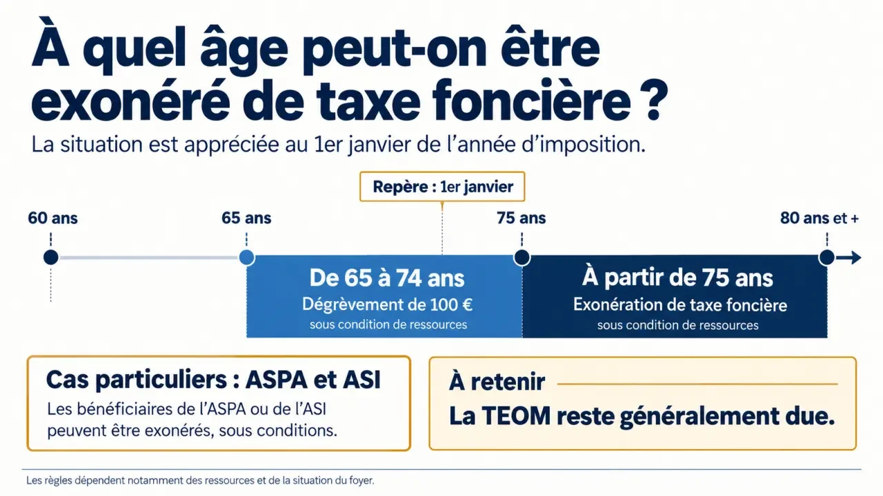 Infographie « à quel âge on ne payé plus la taxe foncière » : exonération après 75 ans, dégrèvement entre 65 et 75 ans et TEOM