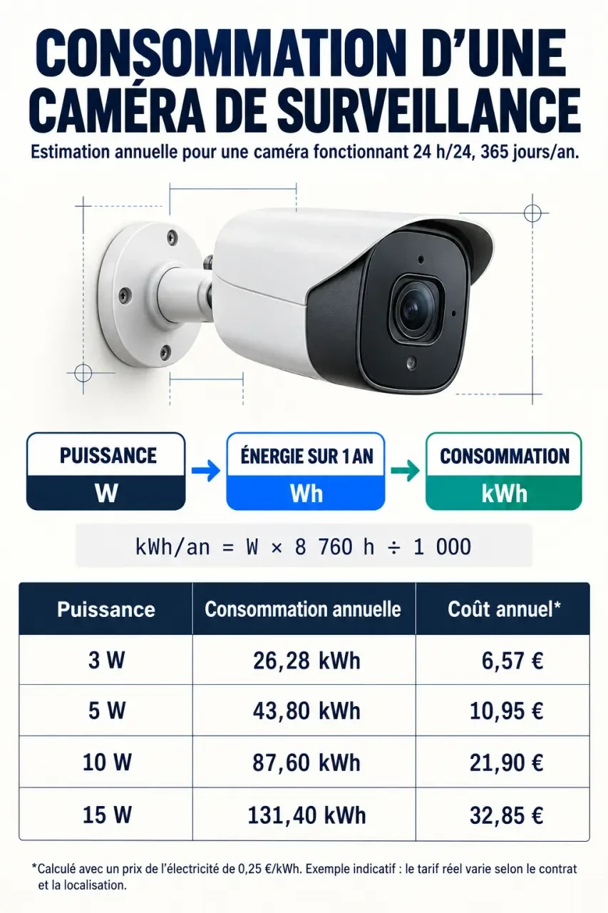 Infographie sur la consommation électrique d’une caméra de surveillance en watts, kWh et coût annuel