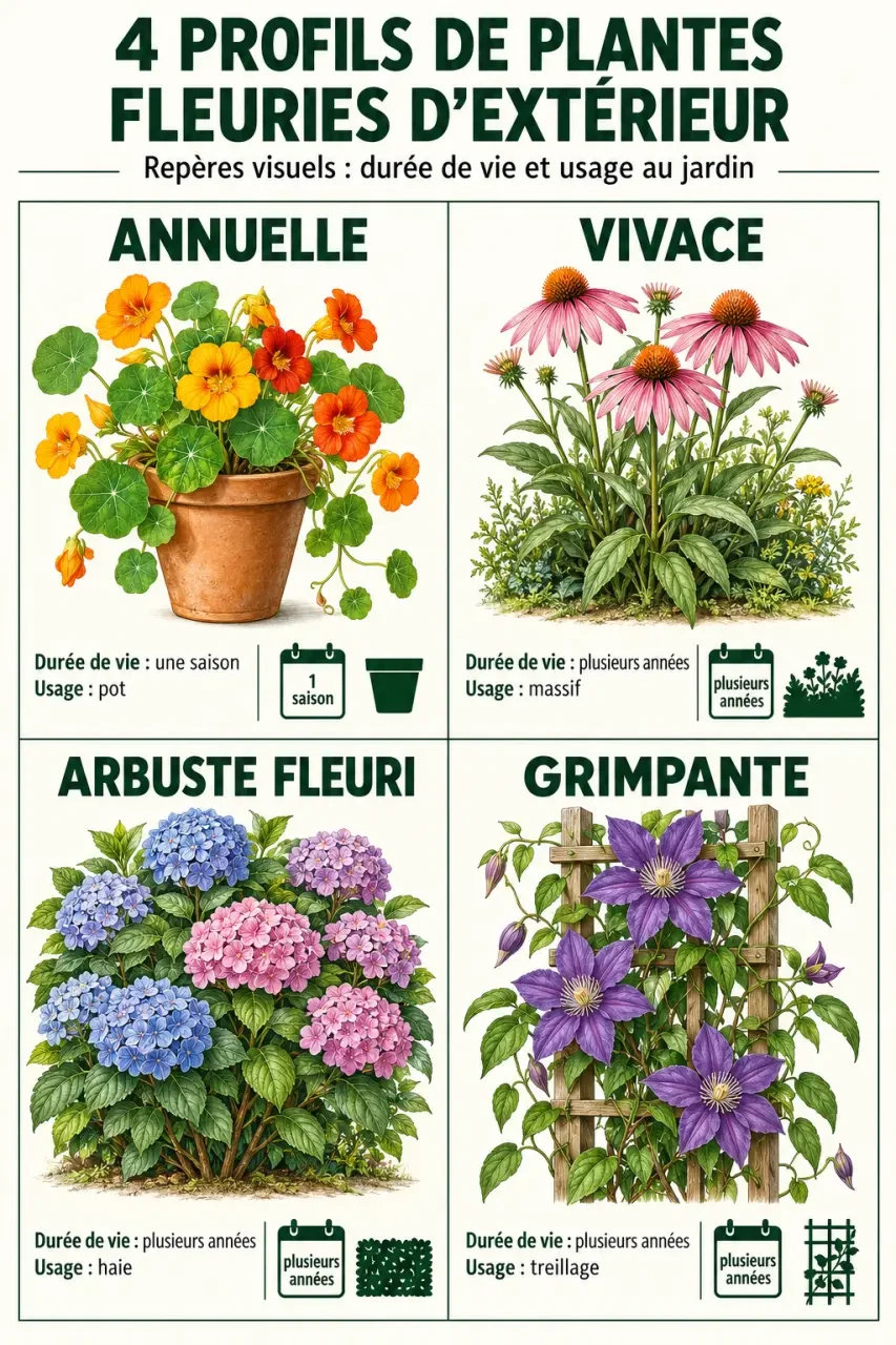 Infographie sur les quatre types de plante fleurie extérieur : annuelle, vivace, arbuste et grimpante