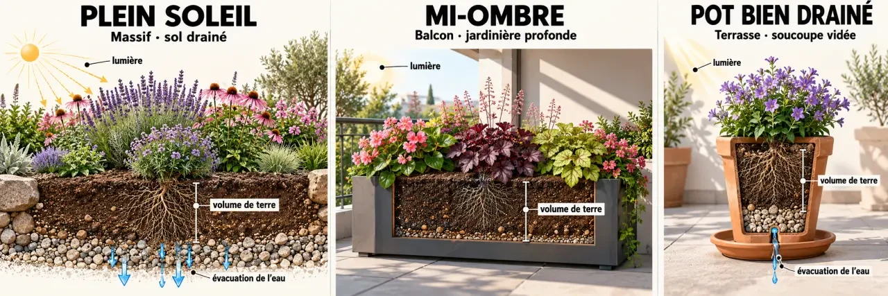Plante fleurie extérieur adaptée au plein soleil, à la mi-ombre et à la culture en pot