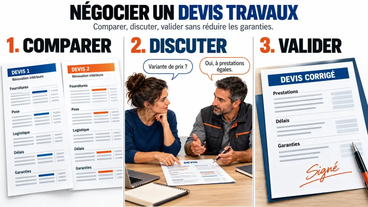 Illustration des étapes pour négocier devis travaux en comparant les prestations et en formalisant l'accord