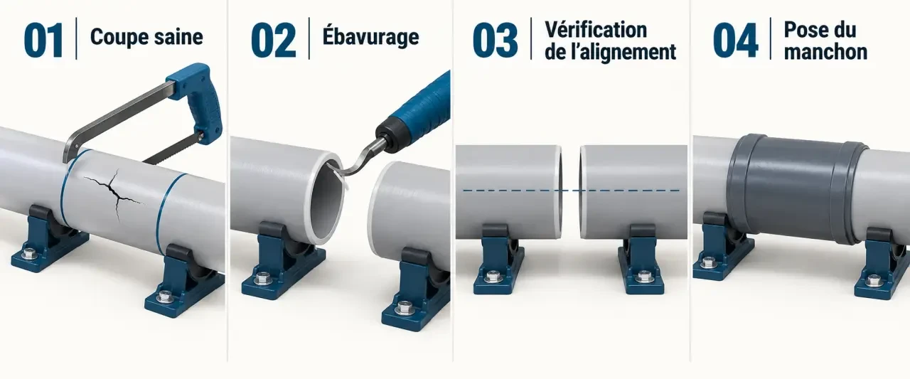 Pose d’un manchon pour la réparation durable d’un tuyau PVC fissuré