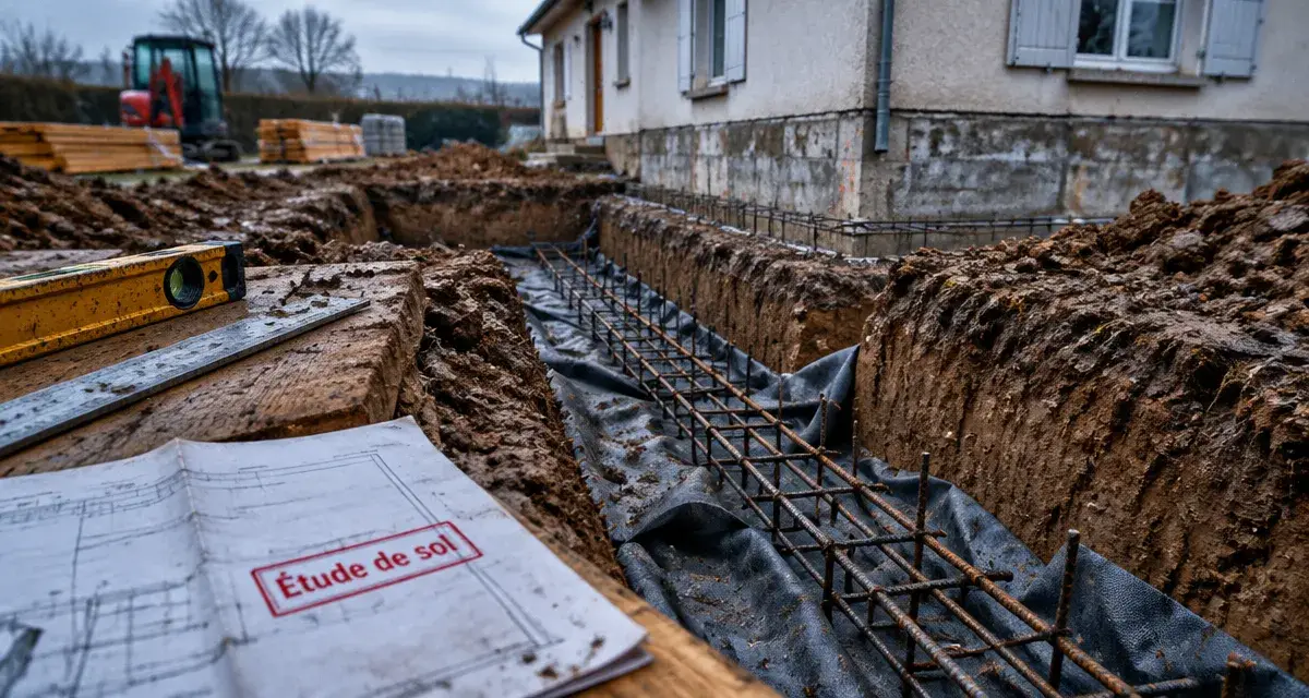 Fondation extension maison : tranchée, géotextile et armatures sur étude de sol