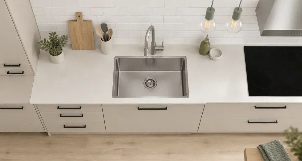 home staging cuisine modernisée, plan de travail clair et crédence blanche