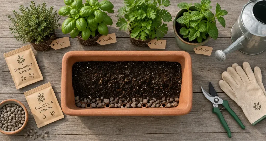 Jardinière plante aromatique extérieur de 30 cm : thym, basilic, persil
