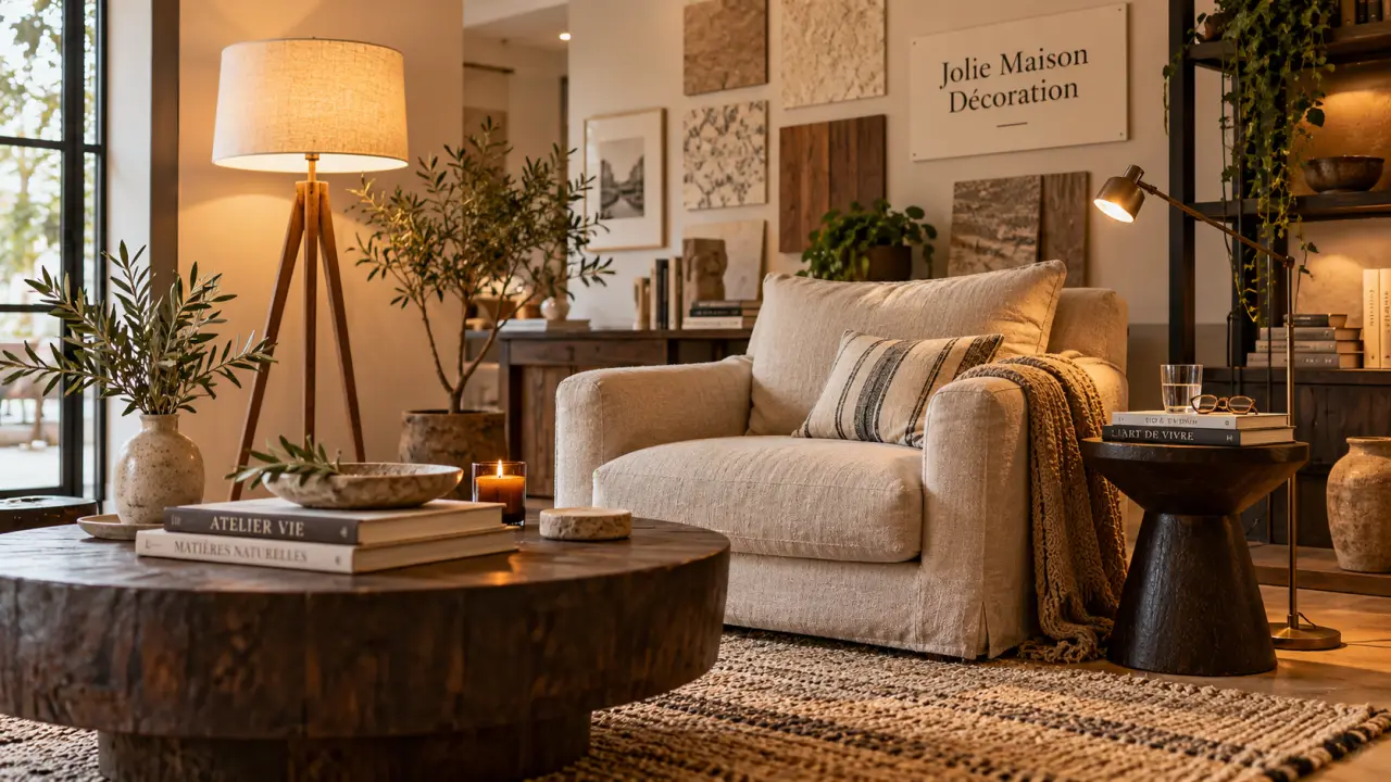 Jolie maison décoration à Nice : salon lumineux avec fauteuil beige et lampe chaude