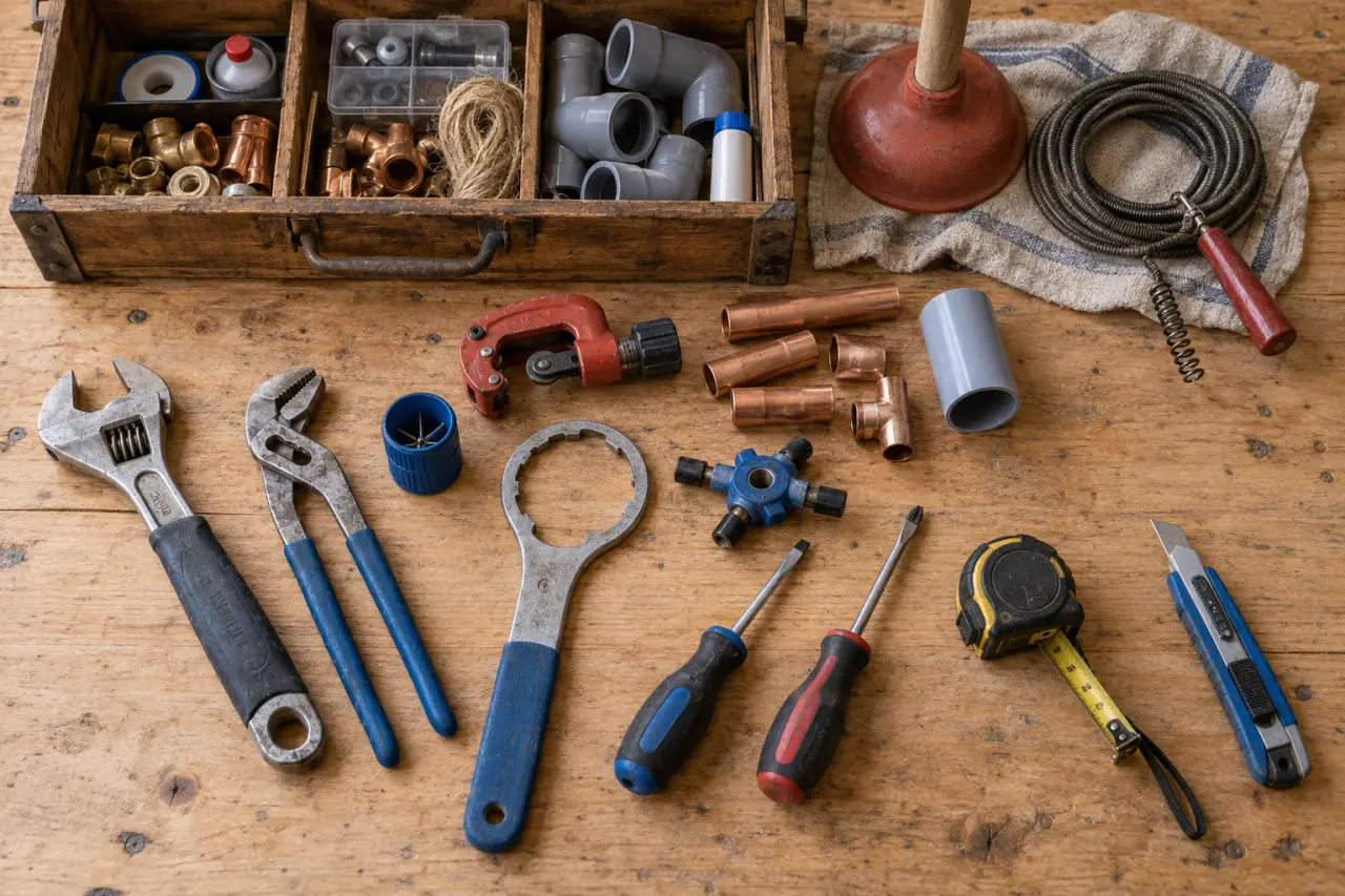 Outils du plombier sur établi : clés, coupe-tube, ébavureur, cuivre et PVC