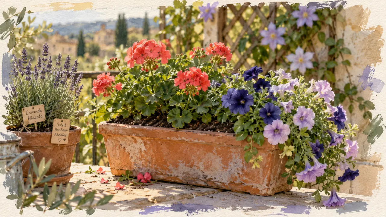 Plante fleurie extérieur : géraniums et pétunias retombants sur terrasse
