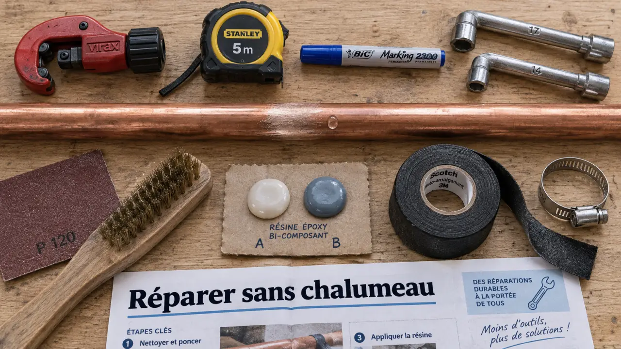 Réparer tuyau cuivre sans soudure avec raccord bicône et résine époxy